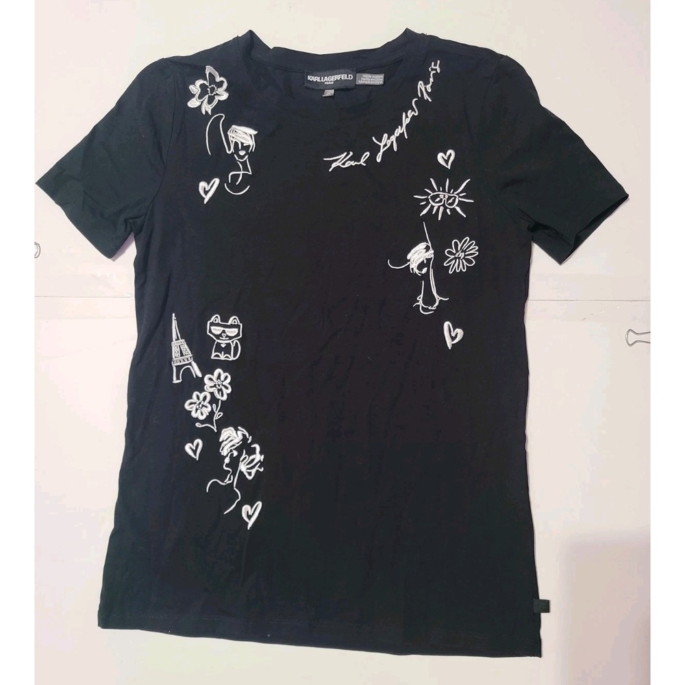 Karl Lagerfeld‎ Paris Graphic Tee Black White Embroidered T-Shirt Women's XS